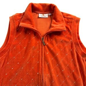 Quaker Factory Orange Velour Quilted Rhinestone Zip Up Vest Women's Large‎